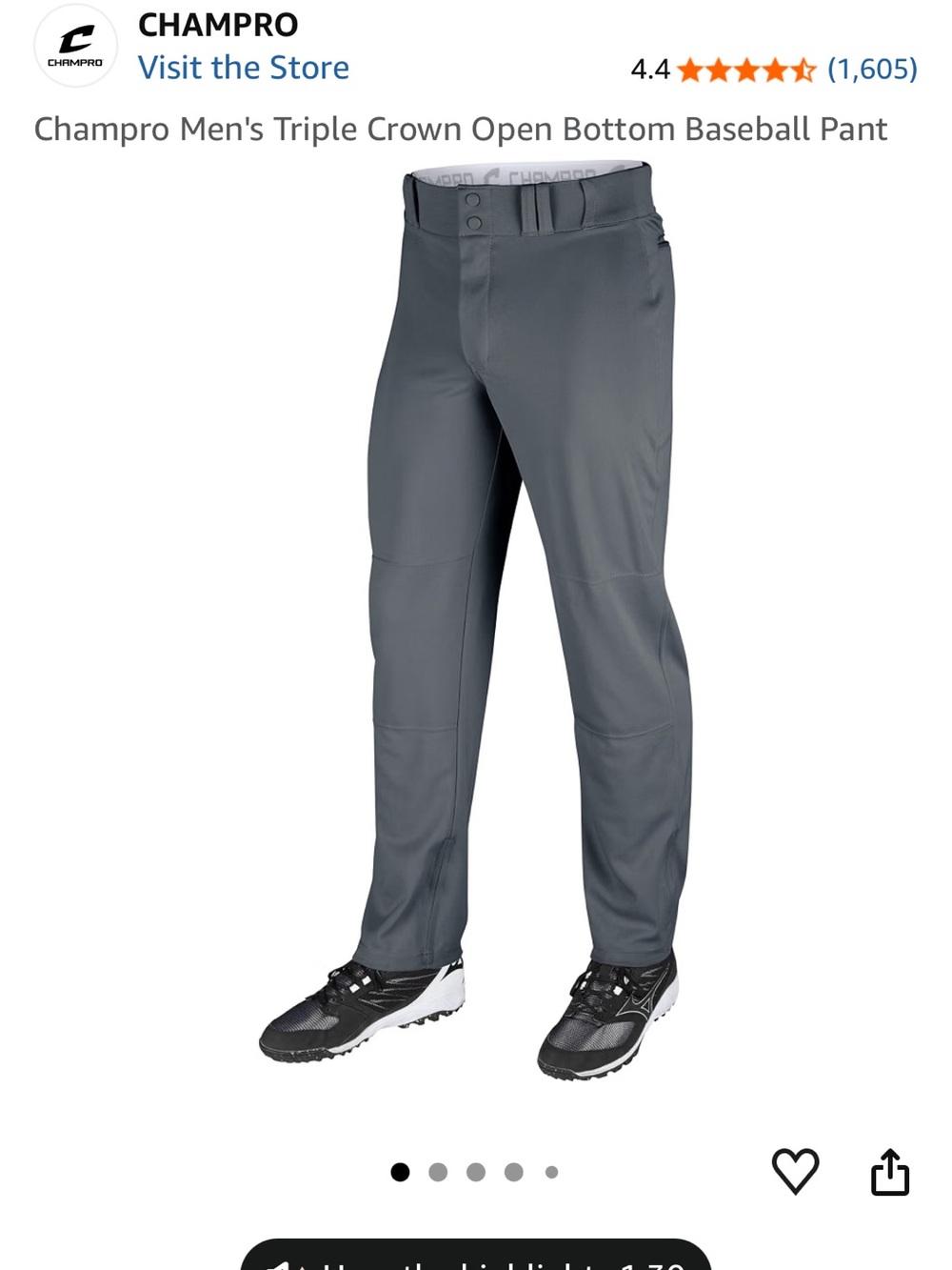 Men Small Champro Graphite Baseball Pants
